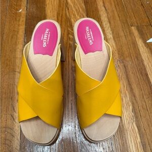 Swedish Hasbeens Bright Yellow Crossover Leather Mules